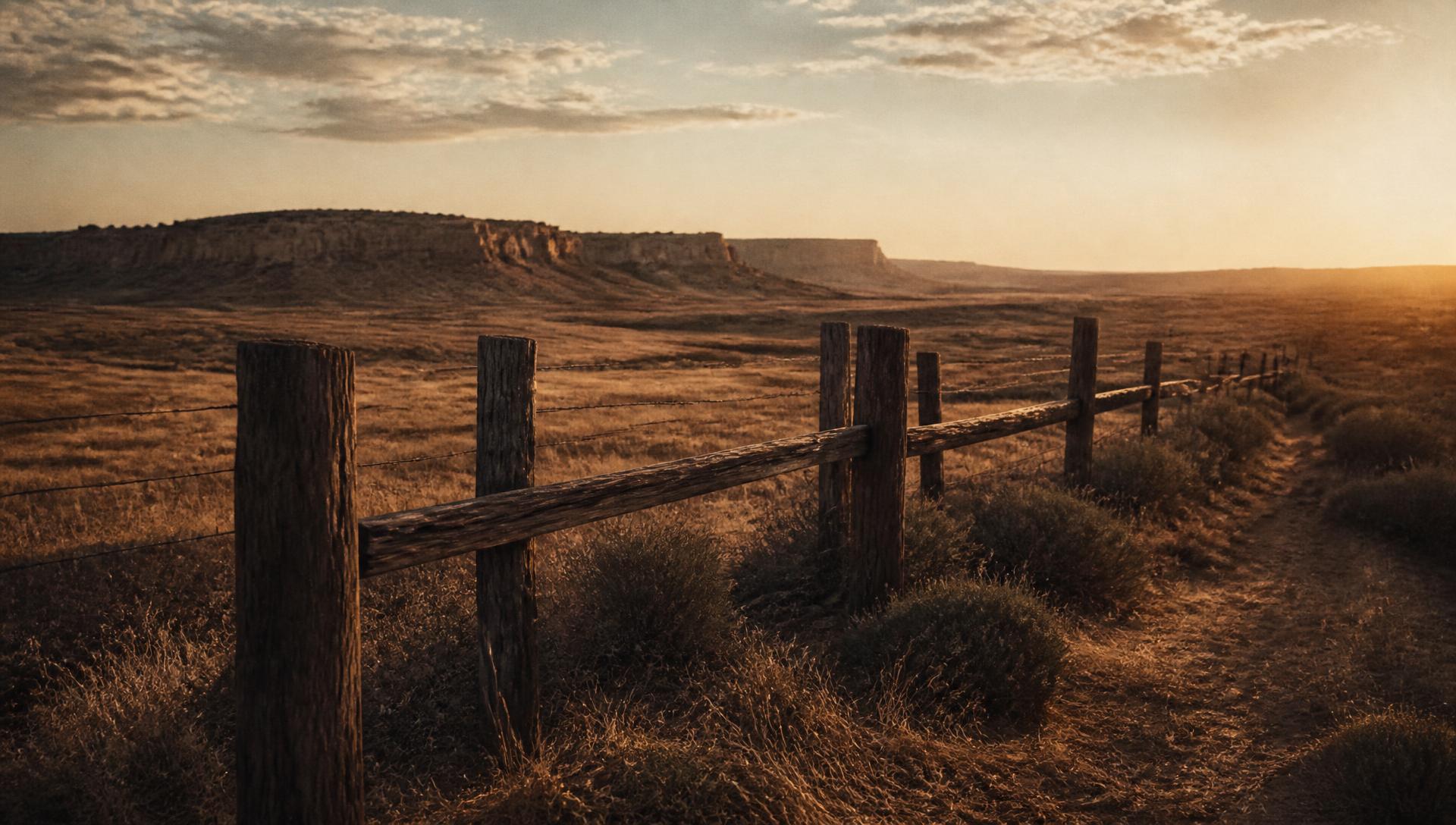 Sun-faded western landscape with a weathered fence line at golden hour