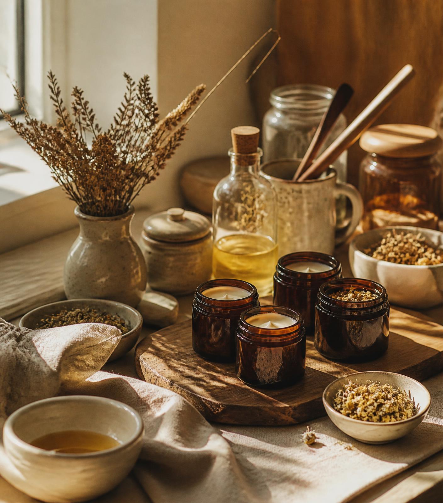 Small-batch skincare being poured and finished by hand in warm daylight
